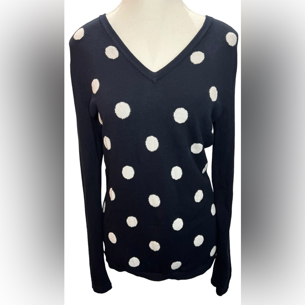 TOMMY HILFIGER Polka Dot V neck sweater black & white |Size Small w/ pink inside